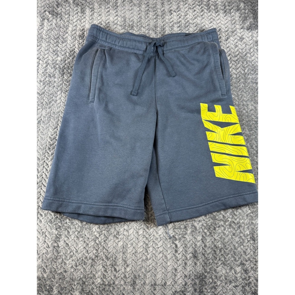 Nike‎ Sweat Shorts Boys Small Blue Spellout Logo Cotton Fleece Lined Drawstring